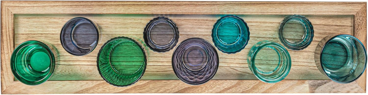 Creative Co-Op Wood Tray with 9 Blue & Green Glass Votive Holders