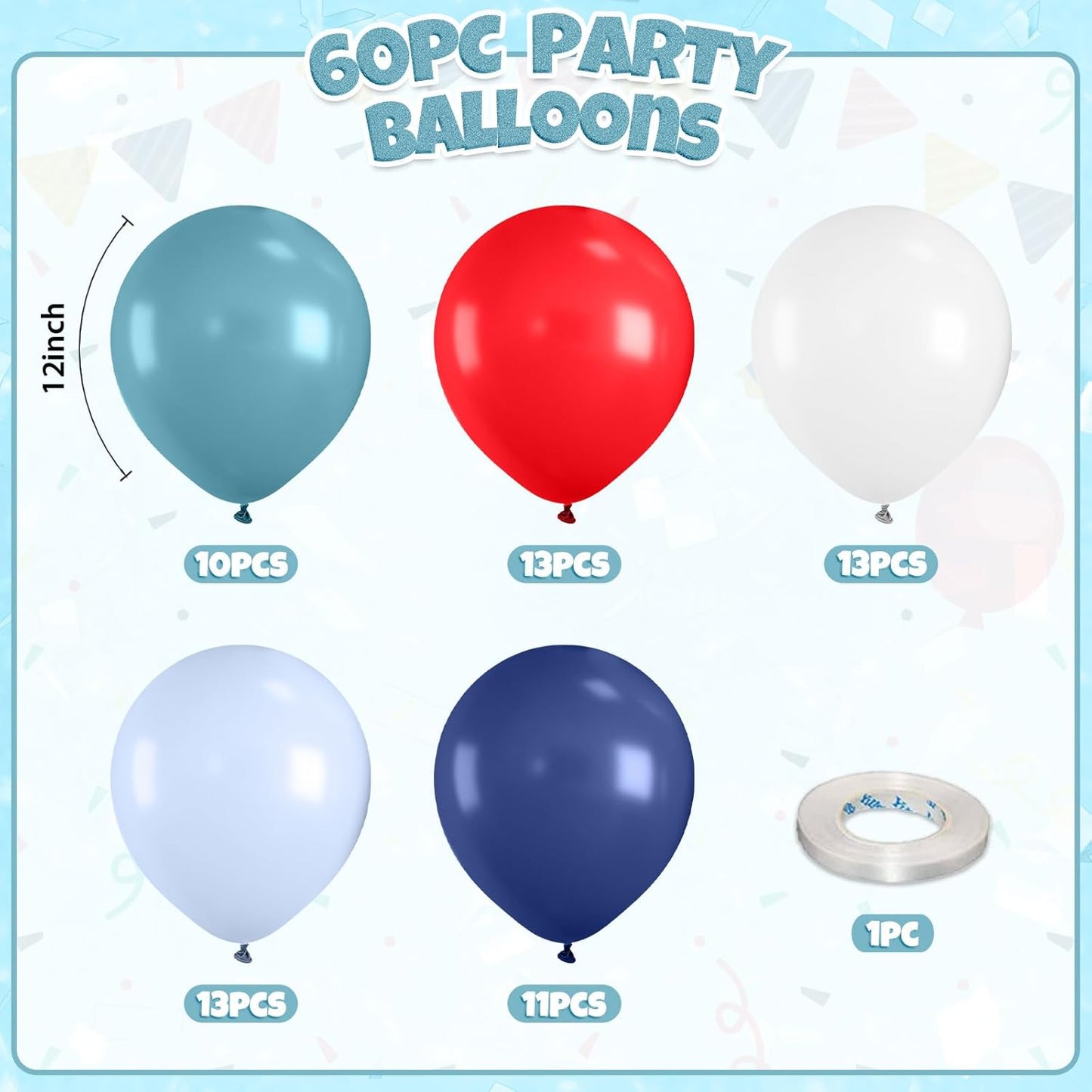 Red Blue Balloons, 60pcs Red Blue White Balloons, Retro Matte White Latex Balloon For Birthday Baby Shower Baseball Independence Day Navigation Theme Party Wedding Graduation Anniversary Decorations