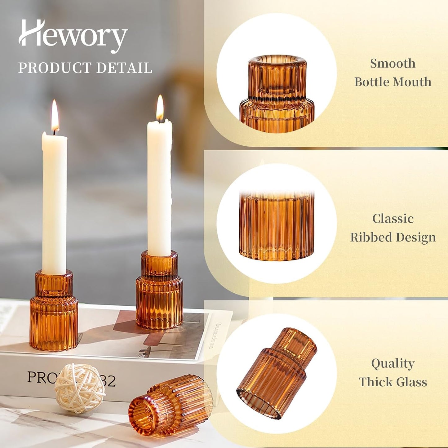 Hewory Glass Taper Candle Holders: 10 PCS Amber Elegant Candle Holder Candlestick Holders Bulk, Ribbed Glass Candle Holder Candle Sticks Holder Decor for Table Centerpiece Fall Thanksgiving Home Decor