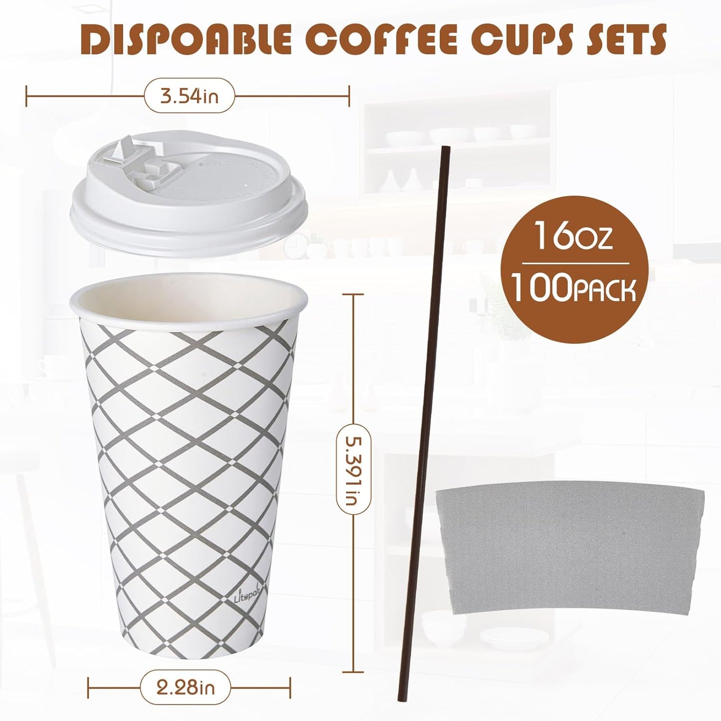 LITOPAK 100 Pack 16 oz Paper Coffee Cups, Disposable Coffee Cups with Lid, Sleeve, and Straws for Home, Stores, and Cafes