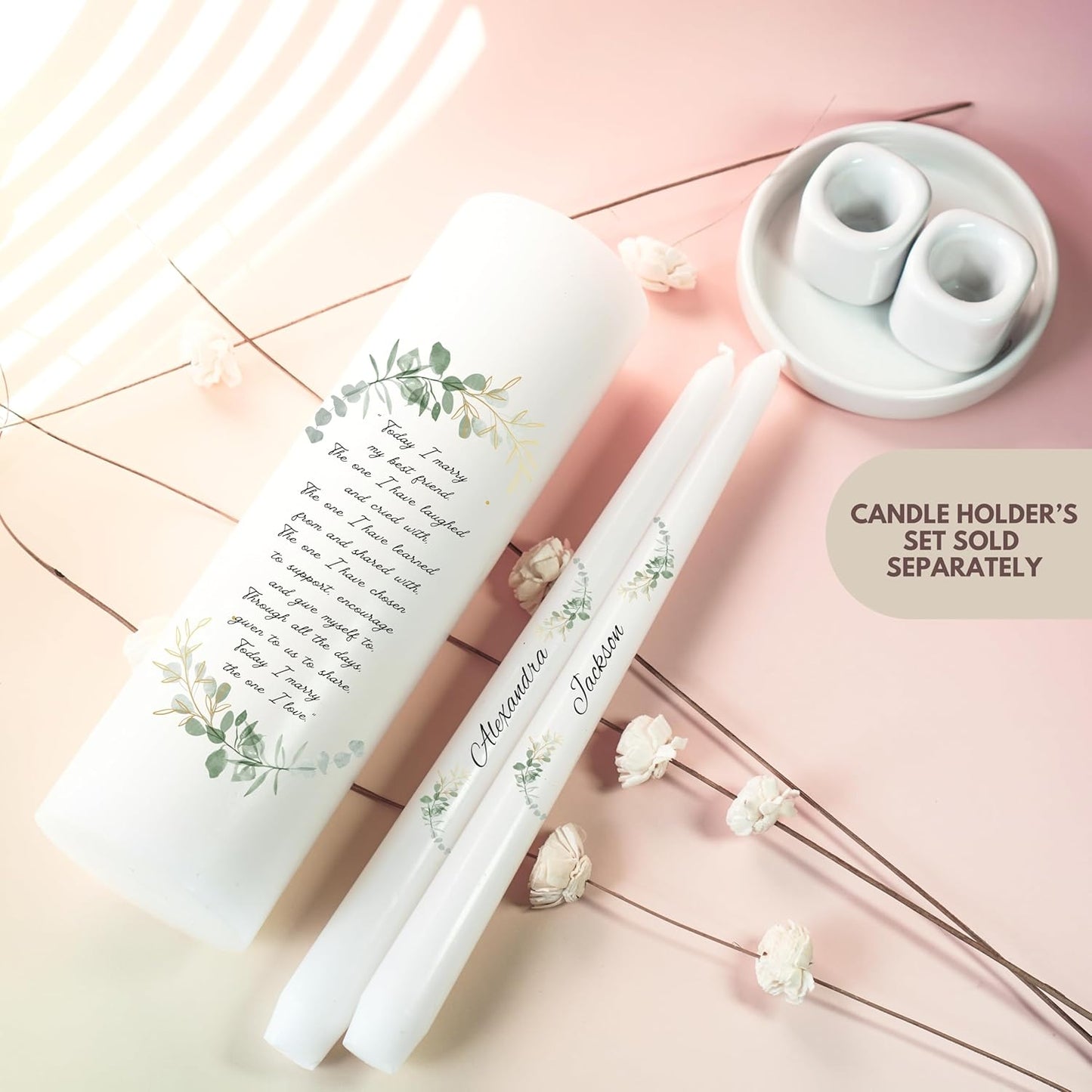 Unity Candles for Wedding, Modern Unity Set, Custom and Personalized Taper Candles with Bible Quote, Unscented White Premium Wax, Religious and Wedding Ceremony, Special Events (Custom Names)