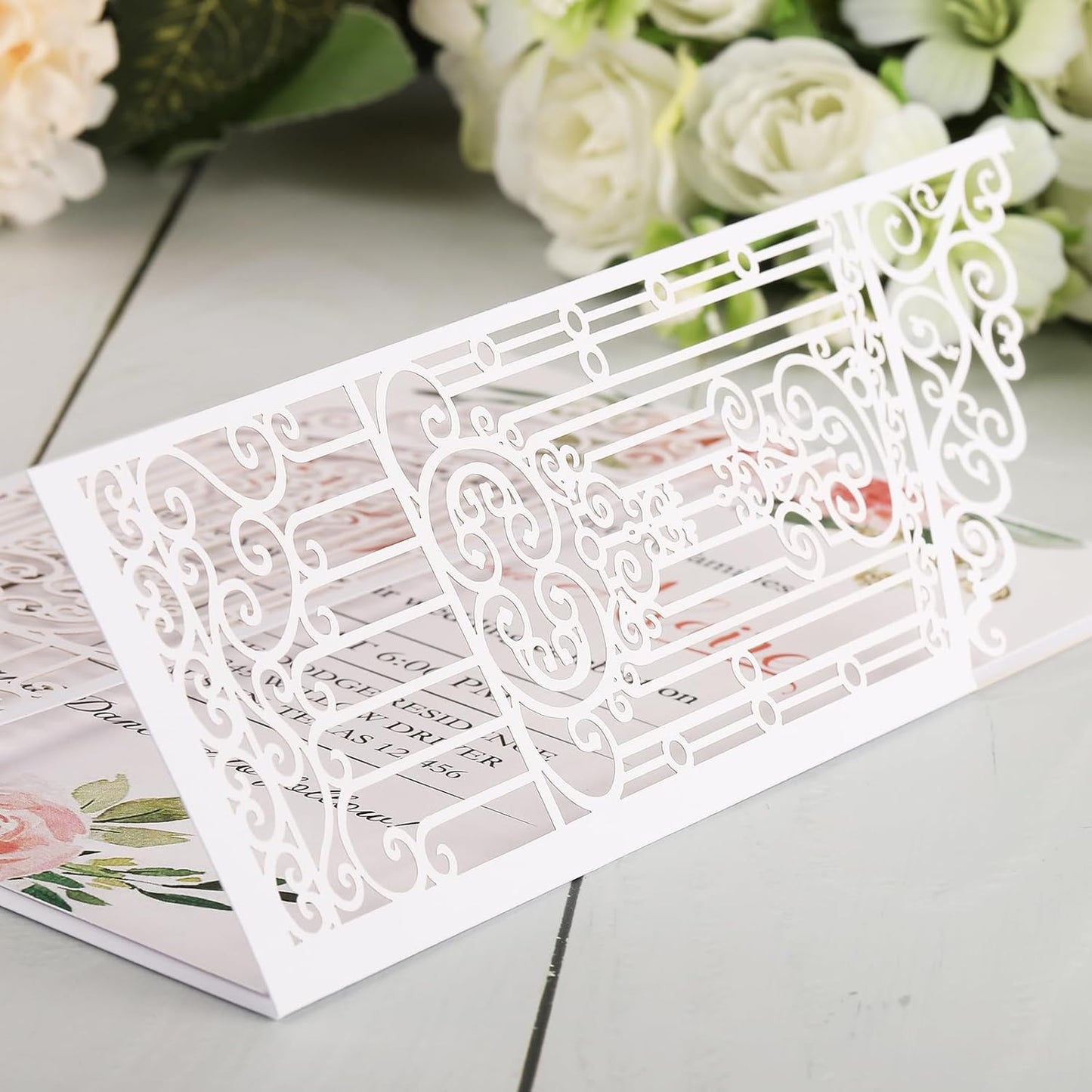 50Pcs White Laser Cut Invitations Fence Wedding Invitations Pocket with Envelopes and RSVP Cards for Wedding Quinceañera Engagement House Warming Invites, Blank Wedding Invitation Card Customizable