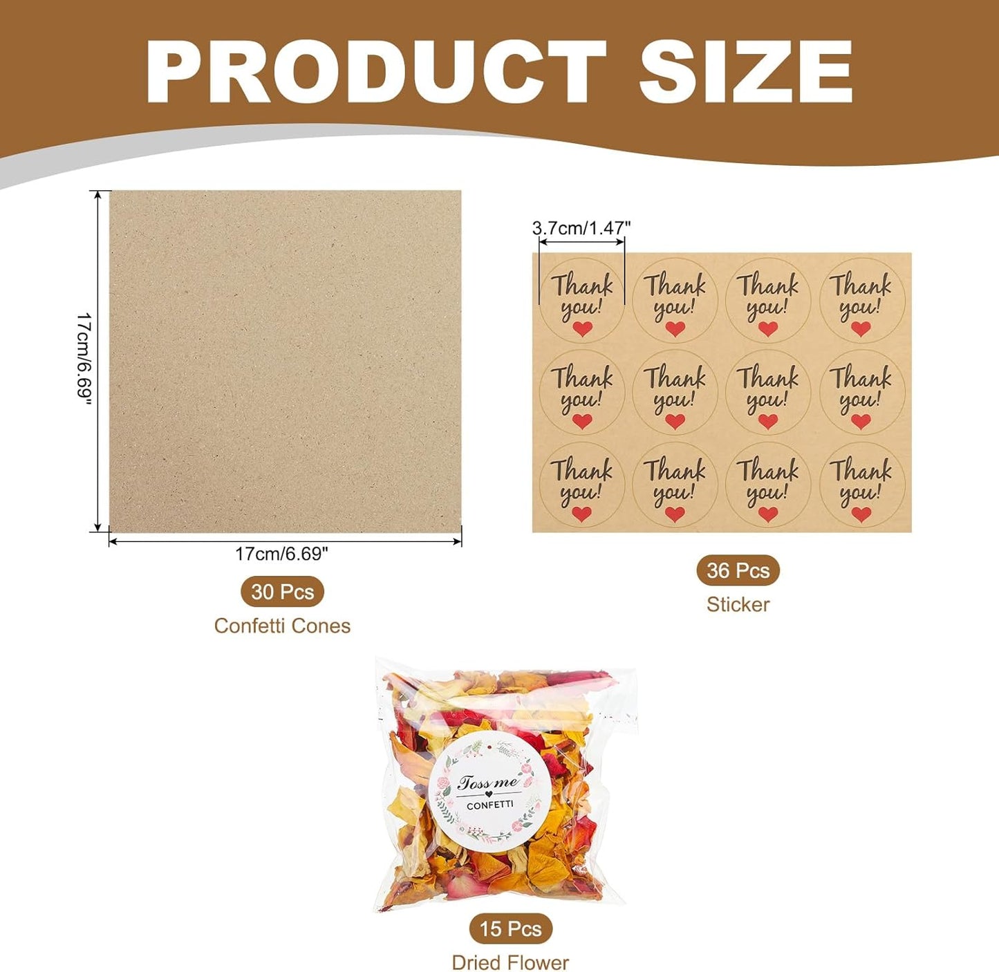 PATIKIL Dried Flower Confetti Cones, 30Pcs Paper Tapers Cone Holder with Dried Rose Petals / Sticker for Wedding Party Engagement Birthday DIY Decoration, Red/Yellow