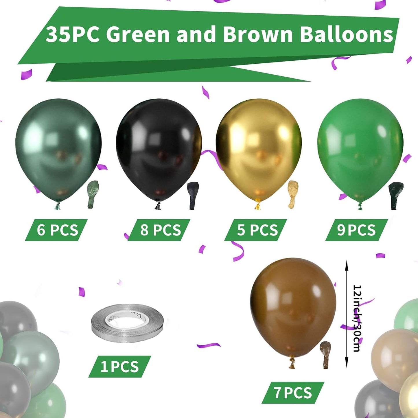 Green and Brown Balloons, Dark Emerald Green Balloon Camouflage Green Black Brown Balloons, Metallic Green Gold Balloon for Camping Game Jungle Theme Camo Birthday Baby Shower Army Party Decorations