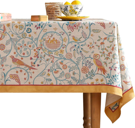 patdrea Designer French Tablecloth for Rectangle Table,Floral Birds Pattern Linen Table Cloth,Fall Yellow Decorative Cover for Kitchen Dining Banquet,Christmas,Thanksgiving,55"x87"-Magnolia