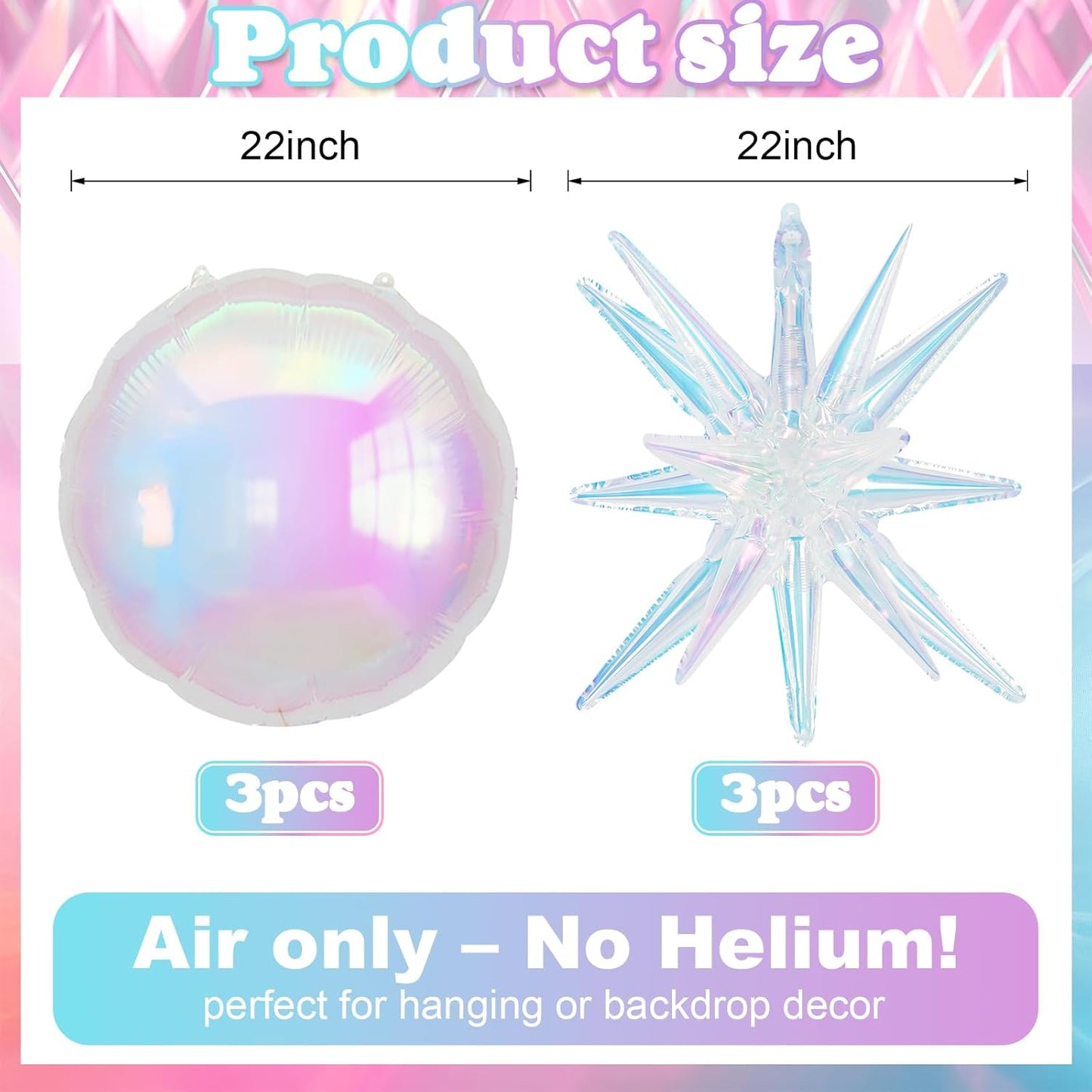 6Pcs Iridescent Foil Balloons, 22in Round Shaped Balloons and Explosion Star Iridescent Balloon, Large Holographic Clear Foil Balloon for Birthday Mermaid Rainbow Wedding Party Supplies