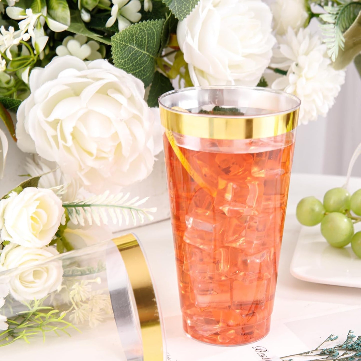 I00000 16 oz Gold Plastic Cups, 50 Pack Clear Plastic Cups Tumblers Gold Rimmed Disposable Cup, Heavy-duty Disposable Cup Perfect for Halloween, Thanksgiving and Christmas Parties