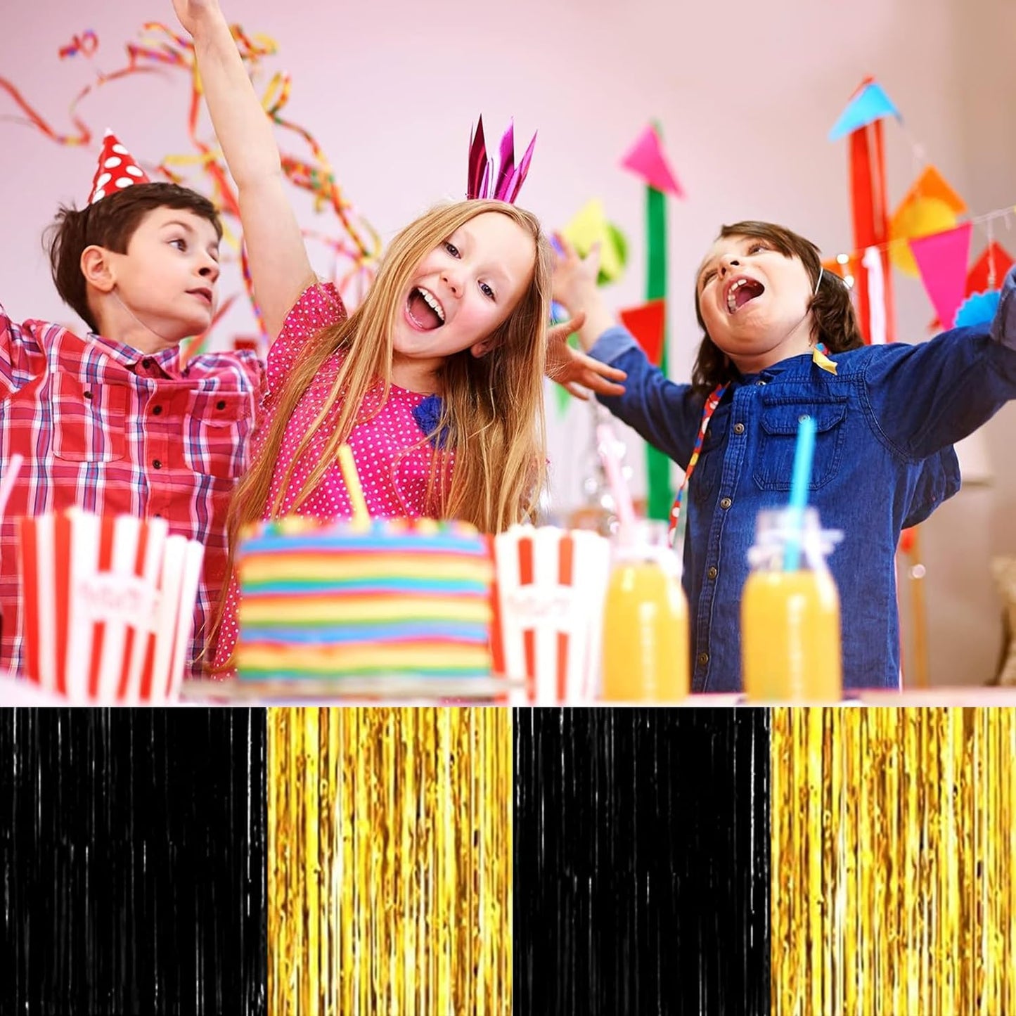 4P Metallic Foil Fringe Tinsel Table Skirts for Rectangle Tables Backdrop Banner Streamer Garland Curtains for Parade Floats Wedding Graduation Anniversary Birthday Parties Decoration (Black Gold)