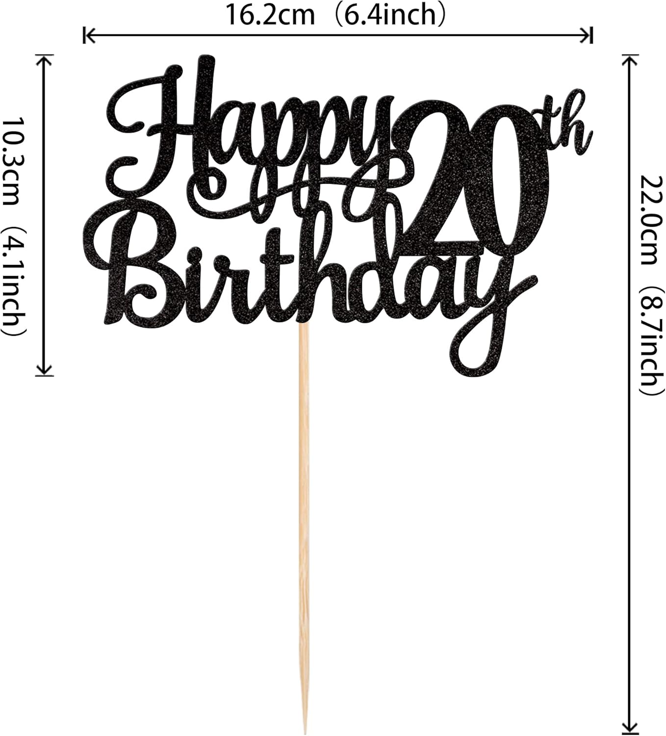 1 PCS Happy 20th Birthday Cake Topper Glitter Cheers to 20 Years Birthday Cake Pick Twenty 20 Fabulous Cake Decoration for Happy 20th Birthday Theme Party Decorations Supplies Black