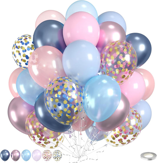 Pink and Blue Balloons, 60pcs Pearl Metallic Blue Pink Balloon With Two Types Confetti Balloons For Birthday Baby Shower Party Wedding Gender Reveal Bridal Shower Anniversary Engagement Decorations