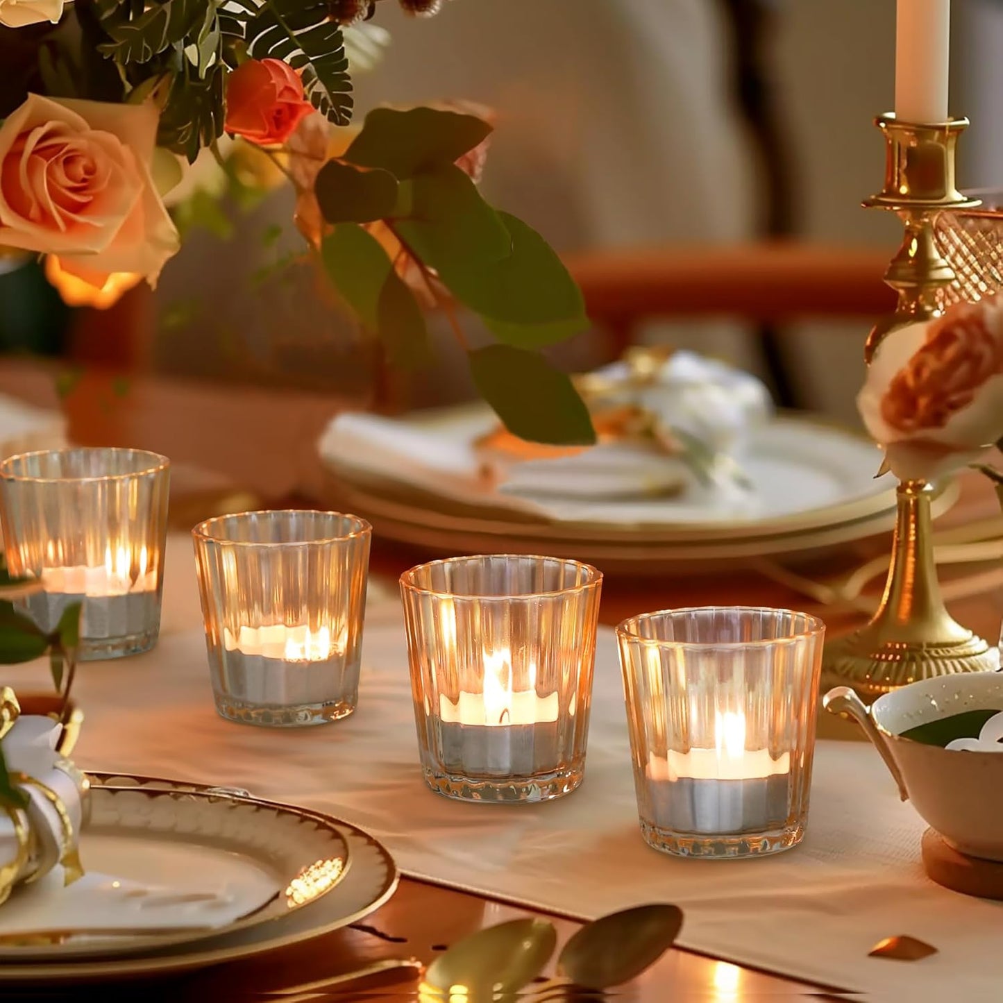 ComSaf Votive Candle Holders, 12 PCS Glass Candle Holders, Ribbed Tealight Candle Holder for Table Centerpieces, Gold Candle Holder for Wedding, Party, Baby Shower, Special Occasions, Fall Home Decor