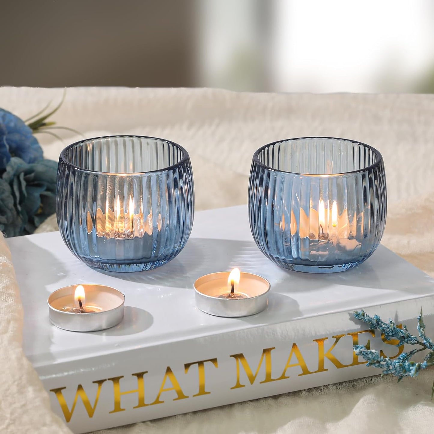 Set of 6 Ribbed Glass Votive Candle Holders, Blue Glass Tealight Holders for Taper Candles - Elegant Table Centerpieces for Weddings, Christmas, Parties, and Home Decor