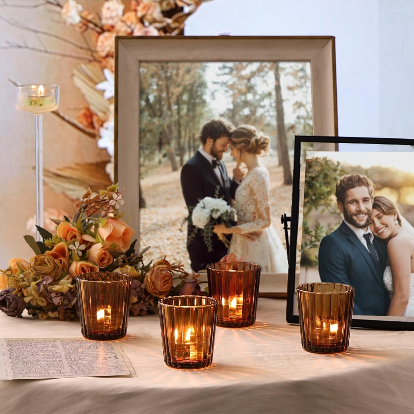 24pcs Vintage Ribbed Amber Votive Candle Holders, Fall Centerpieces for Tables, Tealight Candle Holder for Thanksgiving, Wedding Decor, Boho Home Decor and Christmas Decor