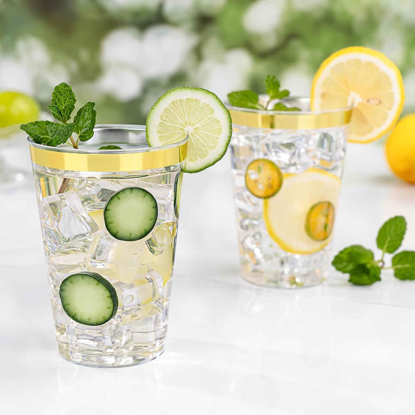 BESTVIP 12oz Gold Plastic Cups, 100 Pack Gold Rimmed Disposable Cups, Heavy-duty Party Cocktail Glasses, Plastic Cups for Party, Holiday, Christmas, Thanksgiving, Wedding and Birthday