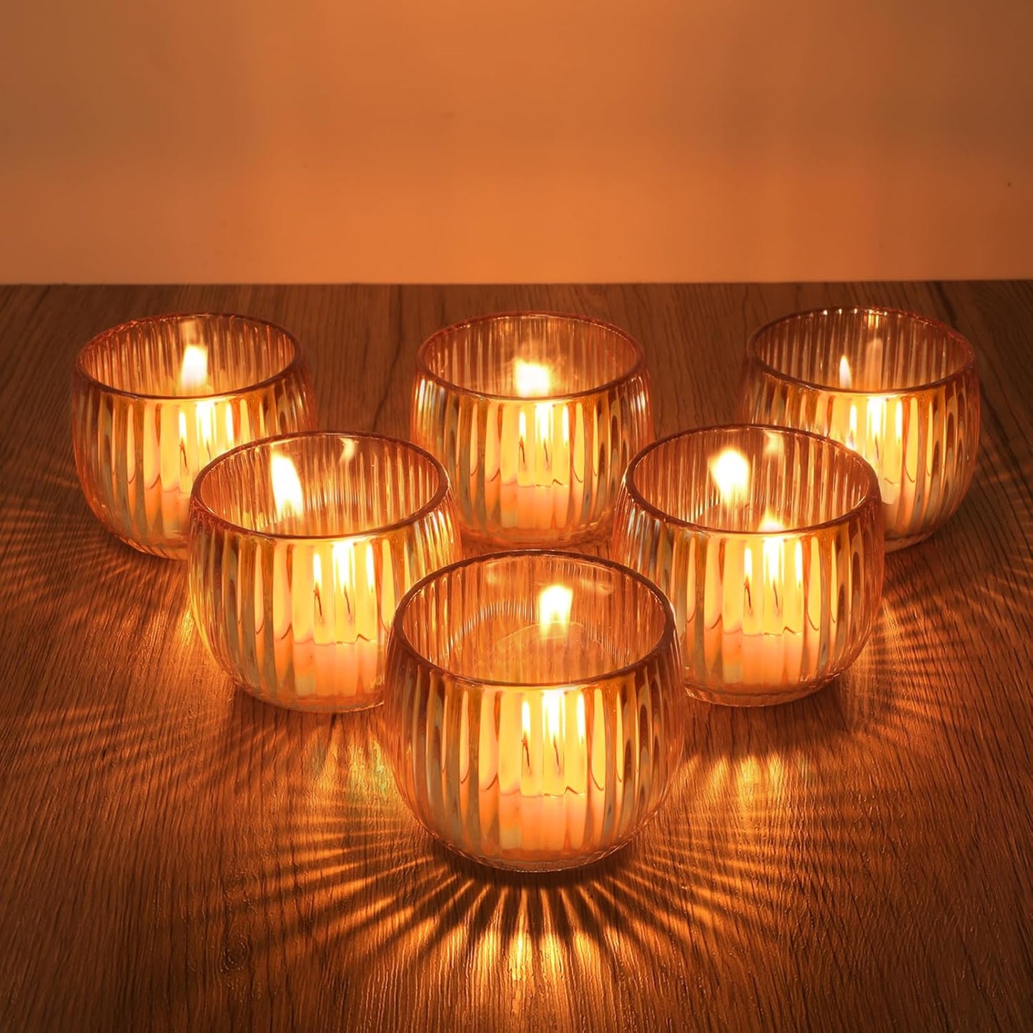 Set of 6 Ribbed Glass Votive Candle Holders, Gold Glass Tealight Holders for Taper Candles - Elegant Table Centerpieces for Weddings, Christmas, Parties, and Home Decor