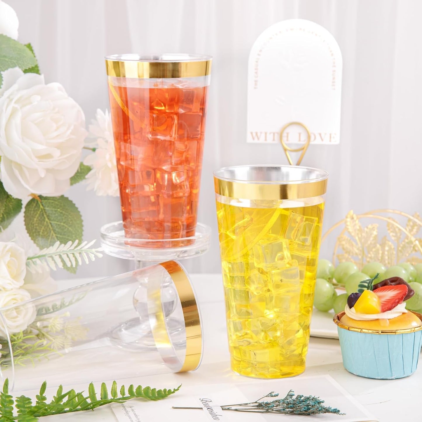 I00000 16 oz Gold Plastic Cups, 50 Pack Clear Plastic Cups Tumblers Gold Rimmed Disposable Cup, Heavy-duty Disposable Cup Perfect for Halloween, Thanksgiving and Christmas Parties