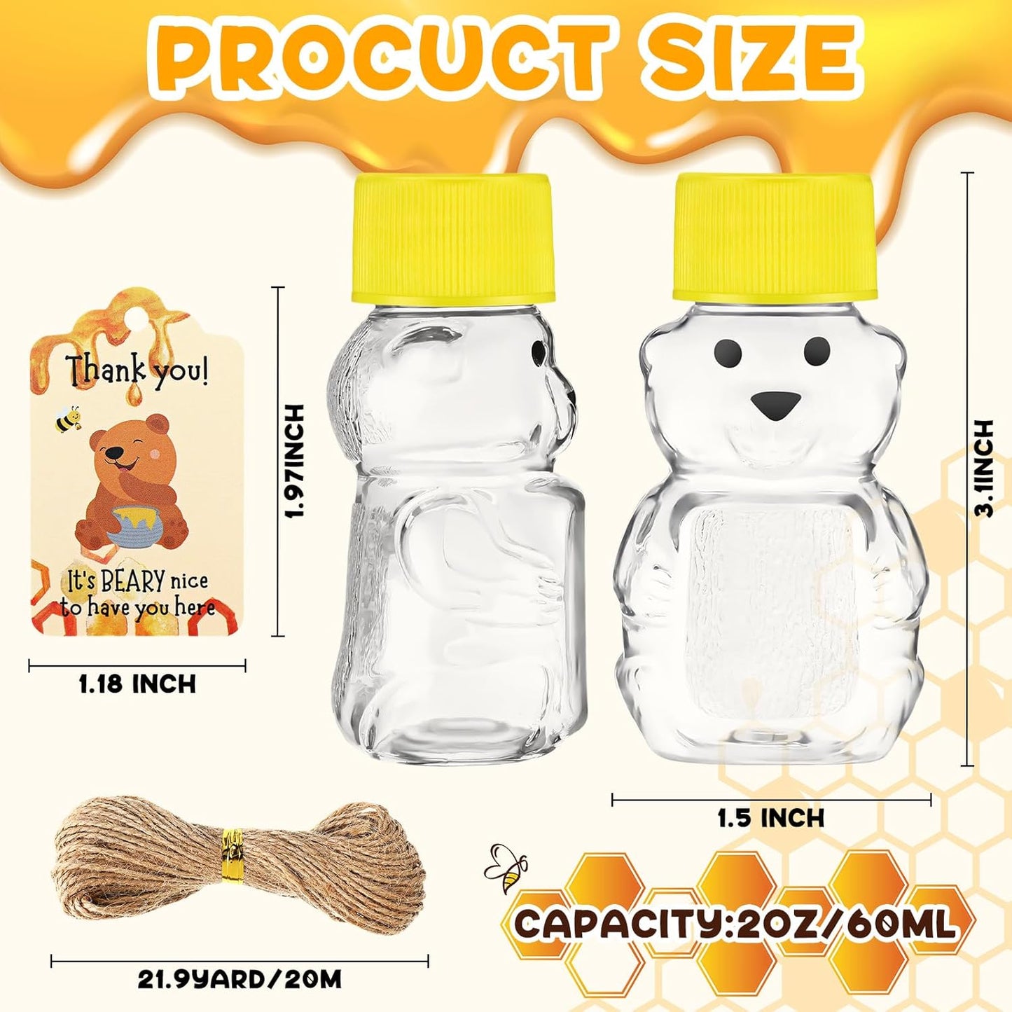 96 Sets 2 oz Plastic Honey Bear Bottle Bear Shape Clear Empty Honey Jar 96 Tags 2 Rolls Jute Rope Honey Containers Empty Honey Dispenser for Baby Shower Party Favors Gifts (Yellow Lid)