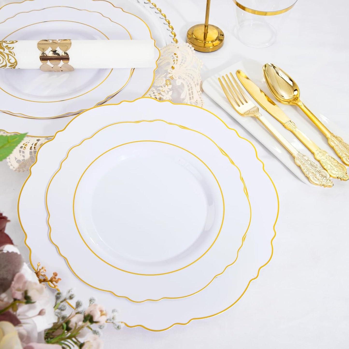 350 Pieces Gold Disposable Plates for 50 Guests, Plastic Plates for Party, Dinnerware Set of 50 Dinner Plates, 50 Salad Plate, 50 Spoons, 50 Forks, 50 Knives, 50 Cups for Thanksgiving