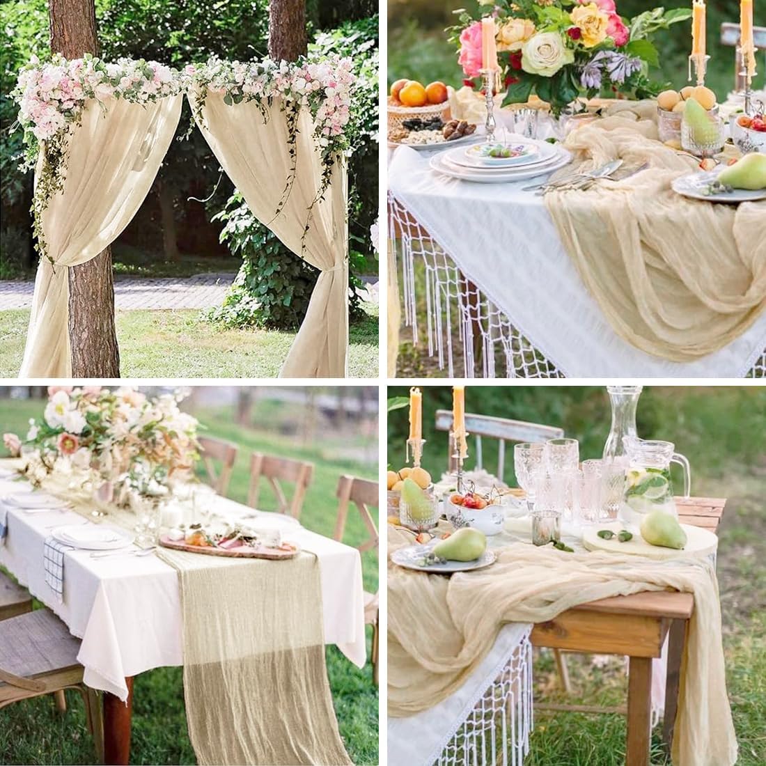 10 Pack Beige Cheesecloth Table Runner -21*120Inch Long Boho Wedding Table Decor, Rustic Gauze Fabric Runner for Bridal Showers, Baby Showers & Parties (Sheer, Lightweight, Wrinkled Design)