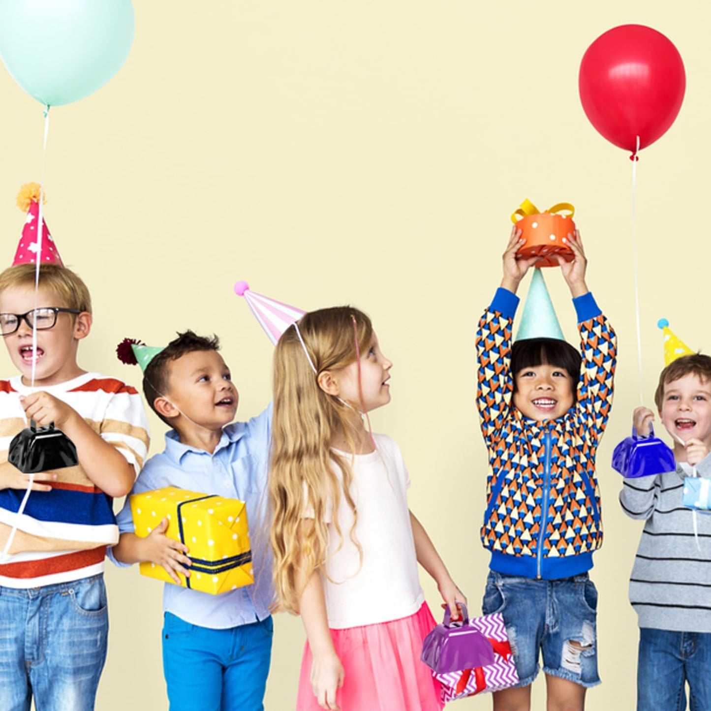 Metal Cow Bell Noise Maker - 3 Inch Pack of 4 - Small Loud Metal Cowbell Noisemaker with Handle - Great for Football Games, Sporting Events, Weddings, New Year's Eve, Birthday Parties