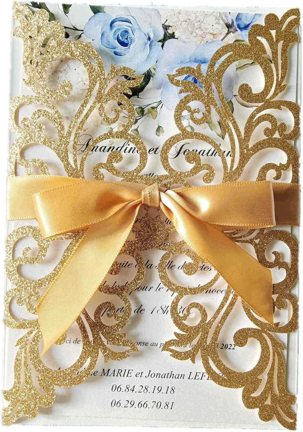 25PCS Gold Glitter Laser Cut Wedding Invitations Cards with Envelopes,Blank Inner Sheets,Ribbons for Wedding Bridal Shower Quinceañera Engagement Birthday Invites