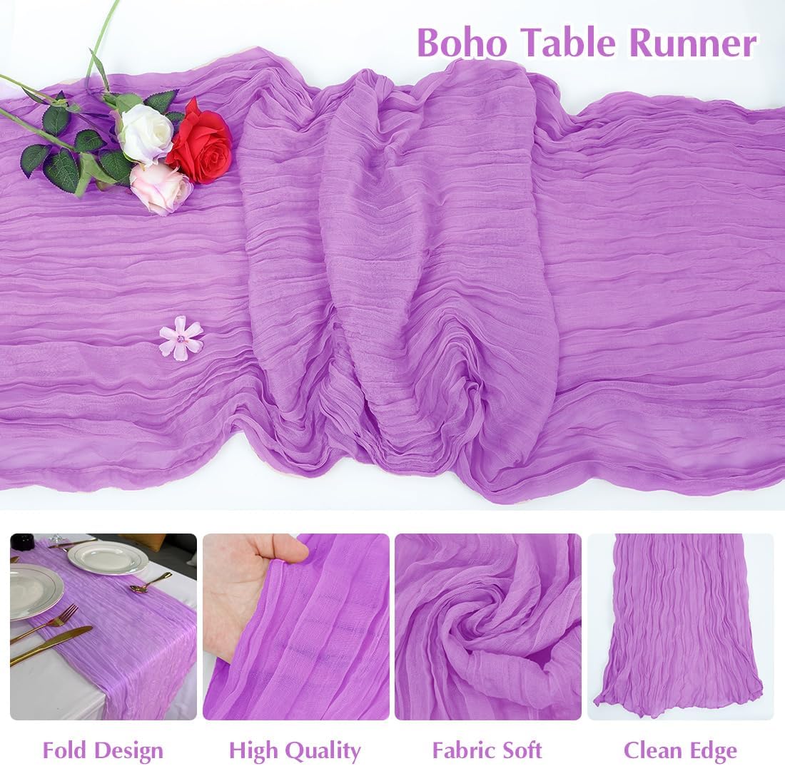 10 Pack Light Purple Cheesecloth Table Runner -21*120Inch Long Boho Wedding Table Decor, Rustic Gauze Fabric Runner for Bridal Showers, Baby Showers & Parties (Sheer, Lightweight, Wrinkled Design)