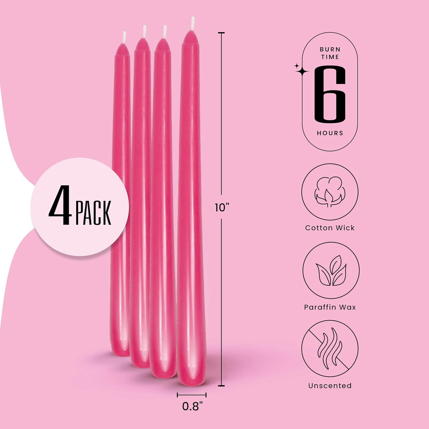 Leor & Lair Pink Taper Candles - 4 Pack 10" Hot Pink Candles - Unscented Long Burning Candlesticks for Birthday Parties, Summer Dining, Weddings & Home Decoration