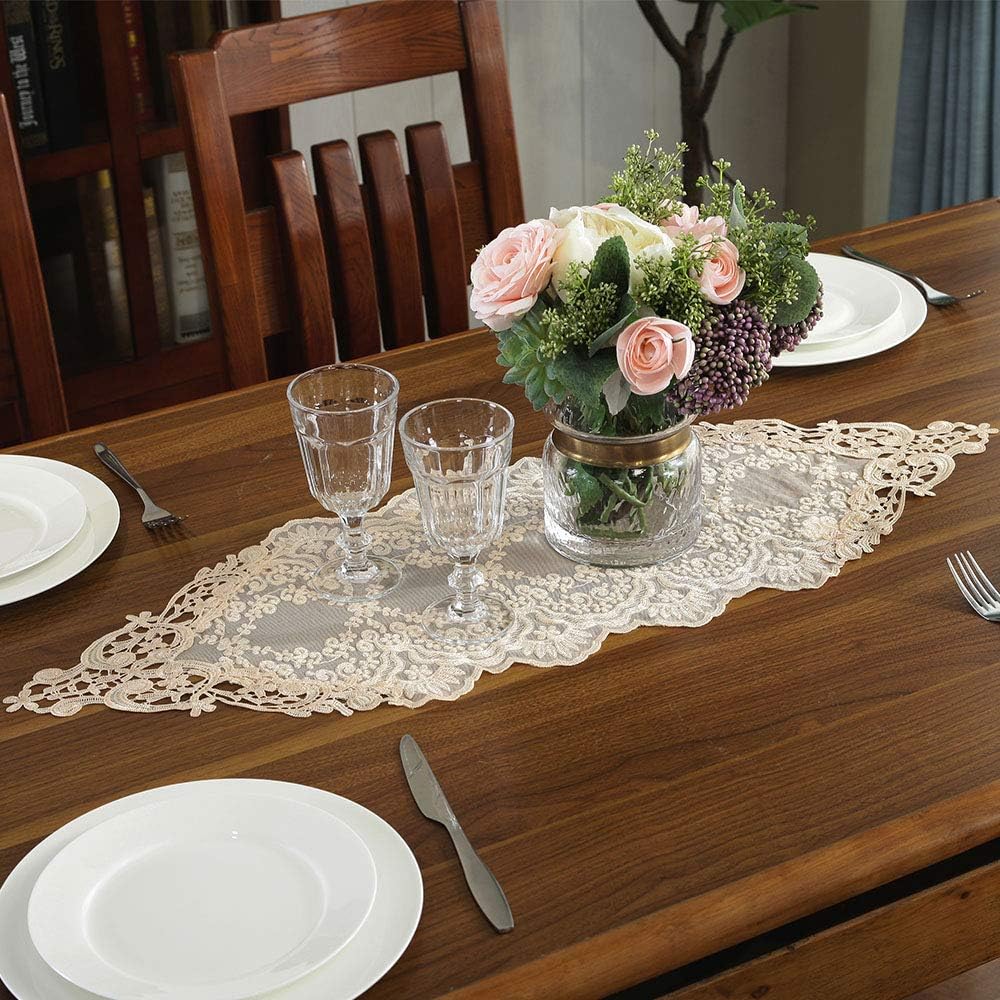 ARTABLE Rectangle Table Runner Lace Macrame Embroidered Table Runners with Exquisite Vintage Shabby Chic for Holiday Wedding Long Dinner Tables (Light Gold, 12 x 36 Inch)