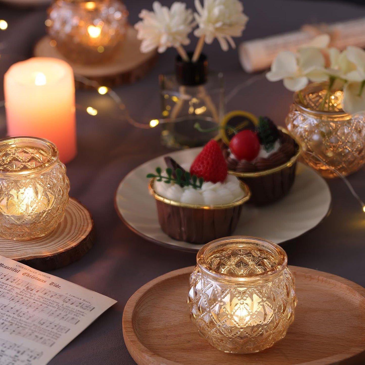 DARJEN 12Pcs Gold Glass Candle Holders - Round Tea Light Holders for Table Centerpiece, Wedding Shower, Party, Home Decor