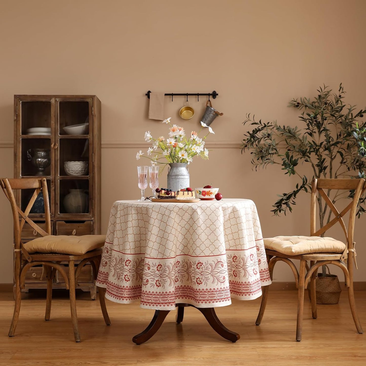 ISAENNE Designer Linen Floral Round Tablecloth,Pale Yellow Elegant Farmhouse Indoor Table Cloth,Durable Decor Tablecloths for Dining Kitchen Thanksgiving Christmas,Diameter 67"-Chamonix A