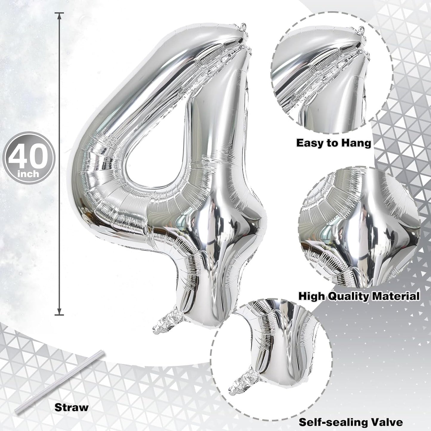 40 Balloons Silver, Giant Number 4 & 0 Helium Foil Balloon for Women 40th Birthday Decor, 40'' Self Inflating Mylar Number 40 Balloon for Man Anniversary Party Globos De Numeros Decorations Supplies