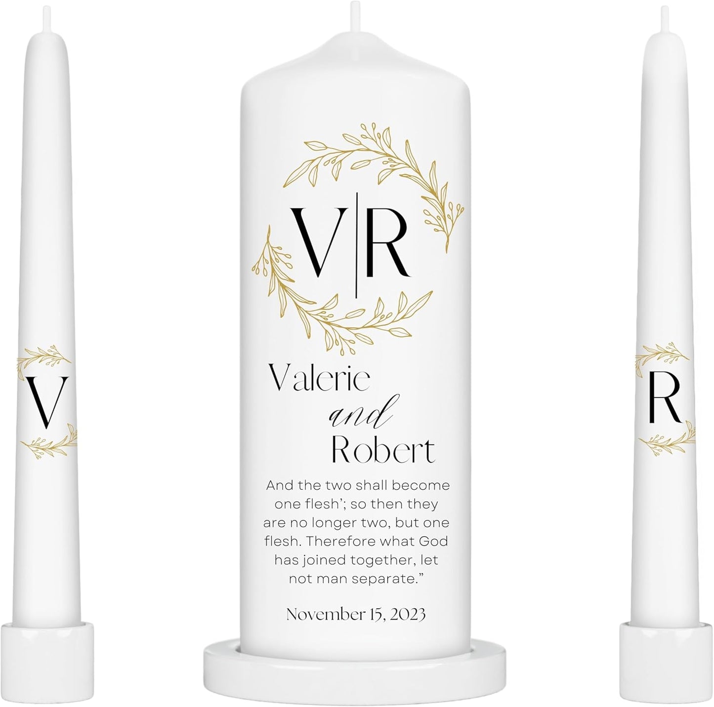 Unity Candles for Wedding, Modern Unity Set, Custom and Personalized Pillar and Taper Candles with Bible Quote, Unscented White Premium Wax, Religious and Wedding Ceremony, Special Events (Laurel)