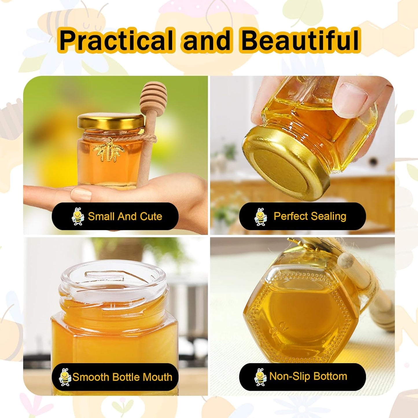 Aliggbent 48 Pack Mini Honey Jars Party Favors in Bulk, 1.5 oz Small Hexagon Glass Honey Jars with Dippers, Gold Lids, Bee Charms, Gift Bags and Jute - Great for Baby Showers, Weddings & Birthdays