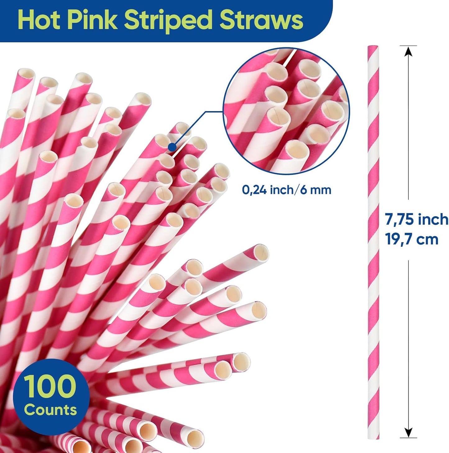 7.75 inch Hot Pink Striped Paper Straws for Drinking - Unwrapped, 100 Counts - for Party, Wedding, Cocktail, Beverage