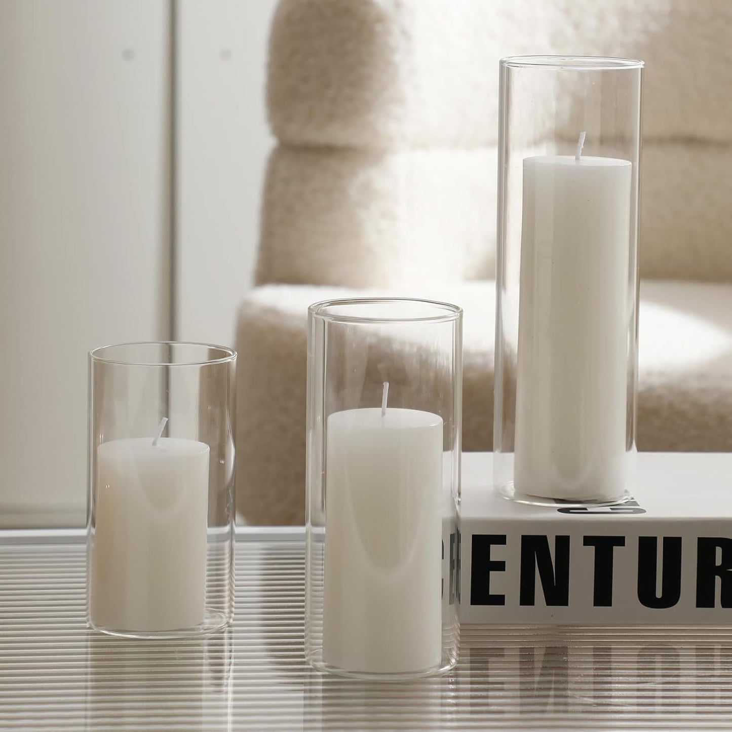 UDU Set of 6 White Pillar Candles and 6 Glass Cylinder Vases Hurricane Holders, Slim Pillar Candle Holder, Cylinder Vases for Centerpieces Wedding Table Party Home Decor(2.6" X 4.7", 5.9", 7.9")