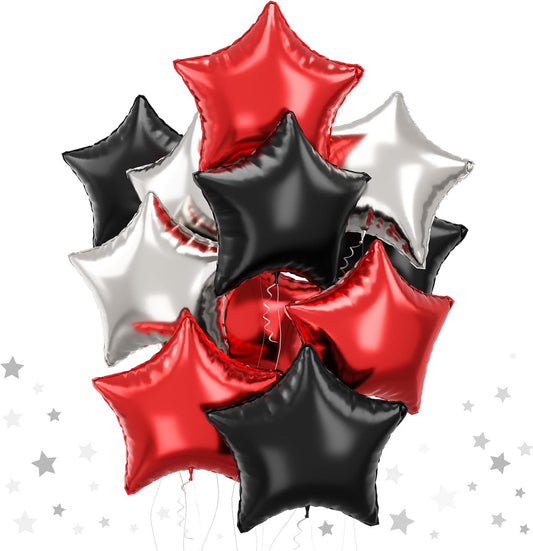 Black Red Star Balloons, 18 Inch 12Pcs Black Red and Metallic Silver Star Shape Foil Balloon, Large Helium Pentagram Balloons for Kids Birthday Casino Racing Car Poker Theme Halloween Party Decor