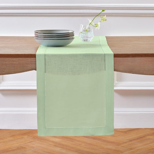 Solino Home Linen Light Green Hemstitch Table Runner 48 Inches - 100% Pure Linen Small Table Runner 14 x 48 Inch Ideal for Dresser and Coffee Tables - Classic Hemstitch