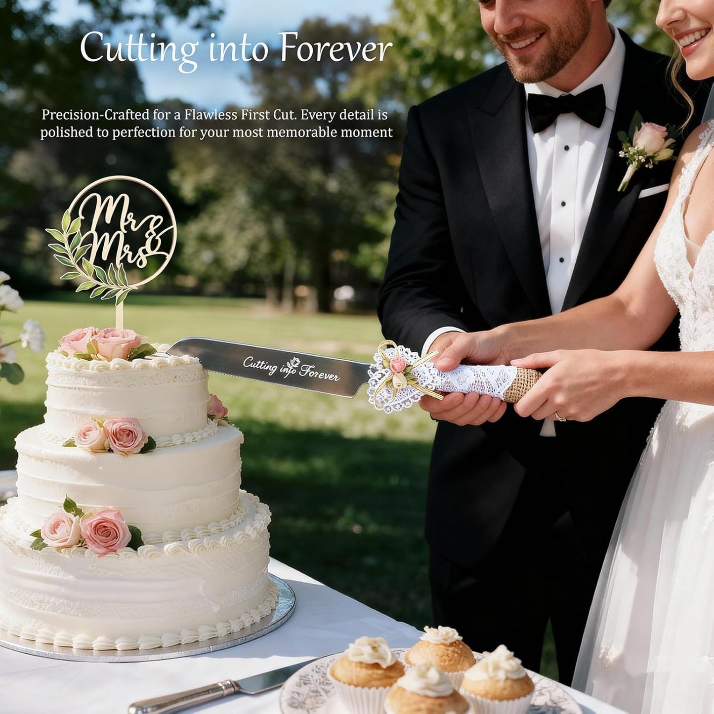 Wedding Cake Knife and Server Set – Rustic Lace Burlap Handle, Stainless Steel Blades, Vintage Wedding Cake Cutting Set for Bride & Groom, Anniversary, Engagement Gift