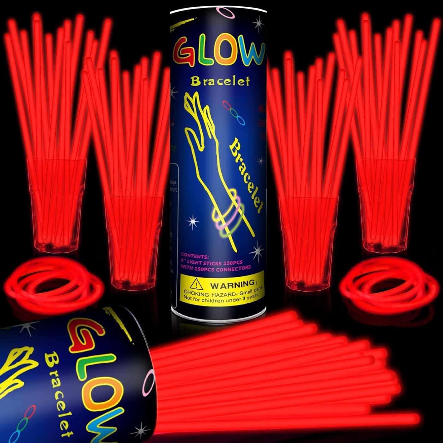 200 Pack 8'' Glow Sticks Bulk Party Favors Red Light Up Sticks with Connectors Neon Glow in the Dark Party Supplies Bracelets for Holiday Birthday Party Decoration (Red)