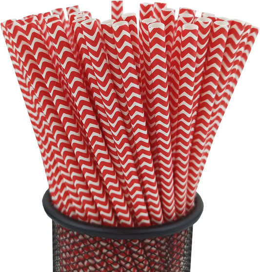 YAOSHENG Premium Disposable Waves Striped Drinking Paper Straws, Pack 100 Red Waves Paper Straws for Cocktail Party Supplies,Birthday,Bridal/Baby Shower,Juice,Shakes (Red Waves)