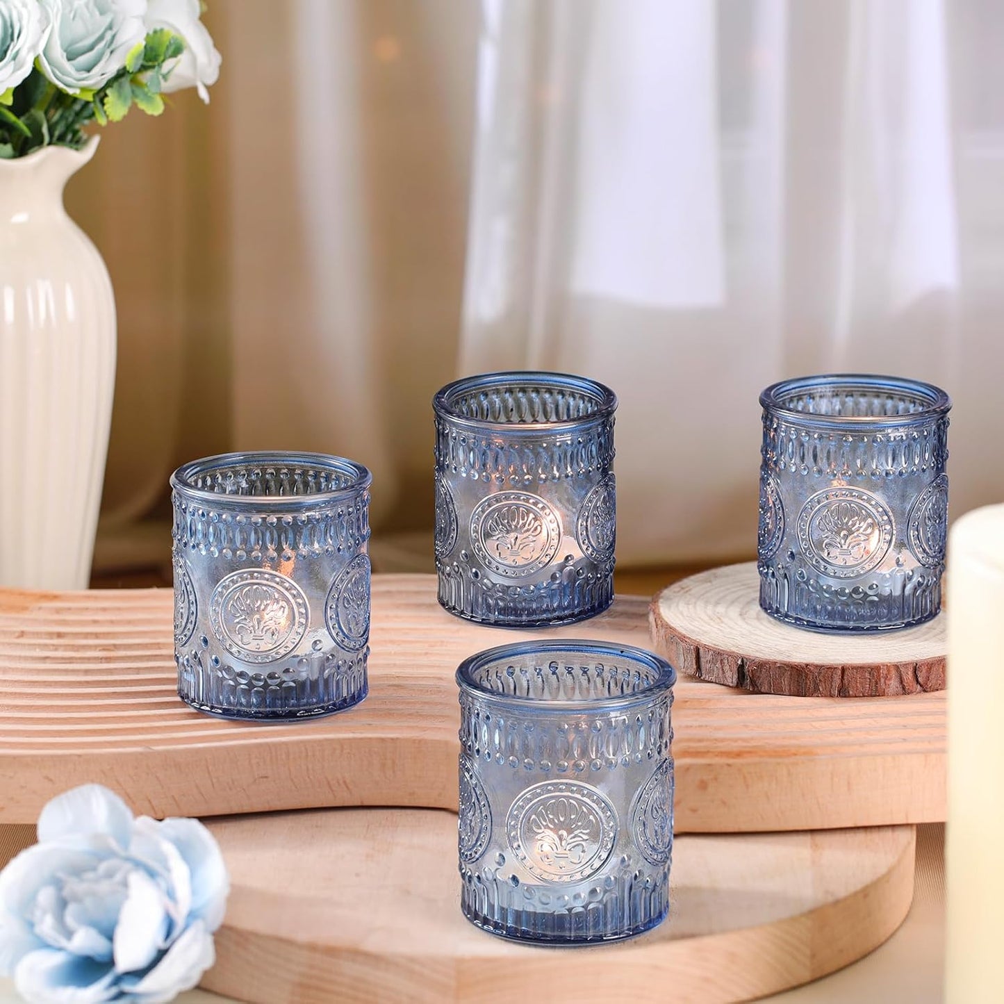 24 Pcs Blue Votive Candle Holders, Glass Tealight Candle Holders for Home Decor, Wedding Table Centerpiece, Birdal Shower, Party
