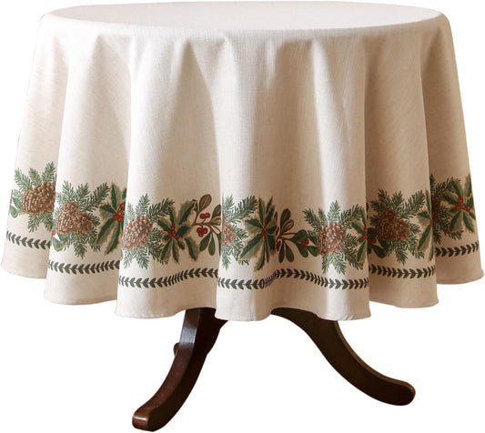 ISAENNE Designer Christmas Linen Round Tablecloth,Light Beige Western Elegant Table Cloth,Wrinkle Resistant Decor Tablecloths for Dining Thanksgiving Kitchen Christmas,Diameter 67"-Carol G