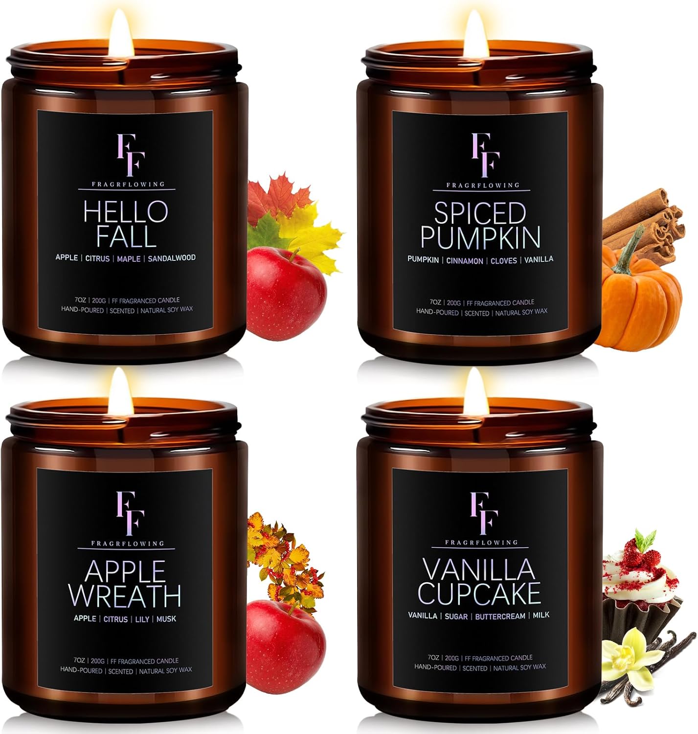 Fall Candles Set, 4 Pack Candles for Home Scented Natural Soy Wax, Autumn Gifts Set for Women Men, Fall Fragrance of Spice/Vanilla Cupcake/Apple Wreath/Hello Fall