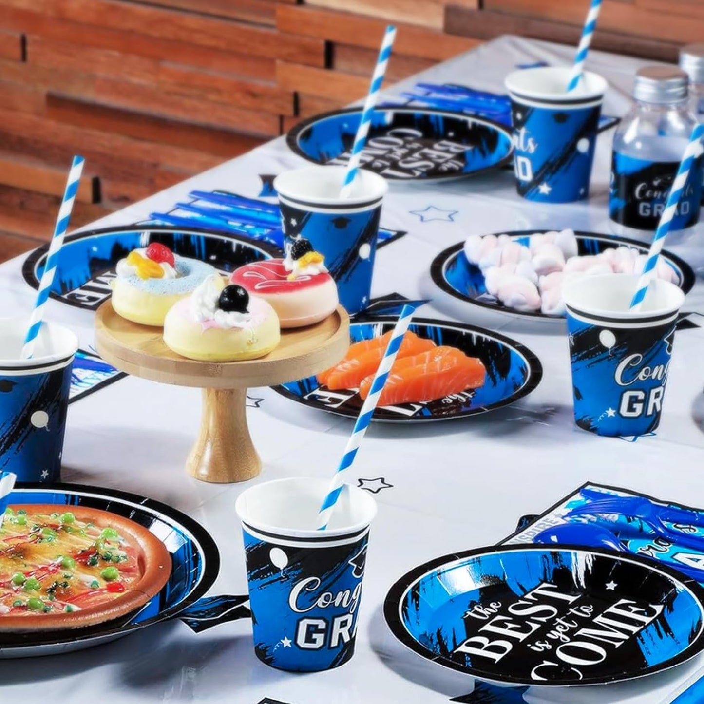 Blue Stripes Disposable Paper Party Straws for Drinking 7.75 inch 100 Counts, Compostable - for Cocktail, Coffee, Juice