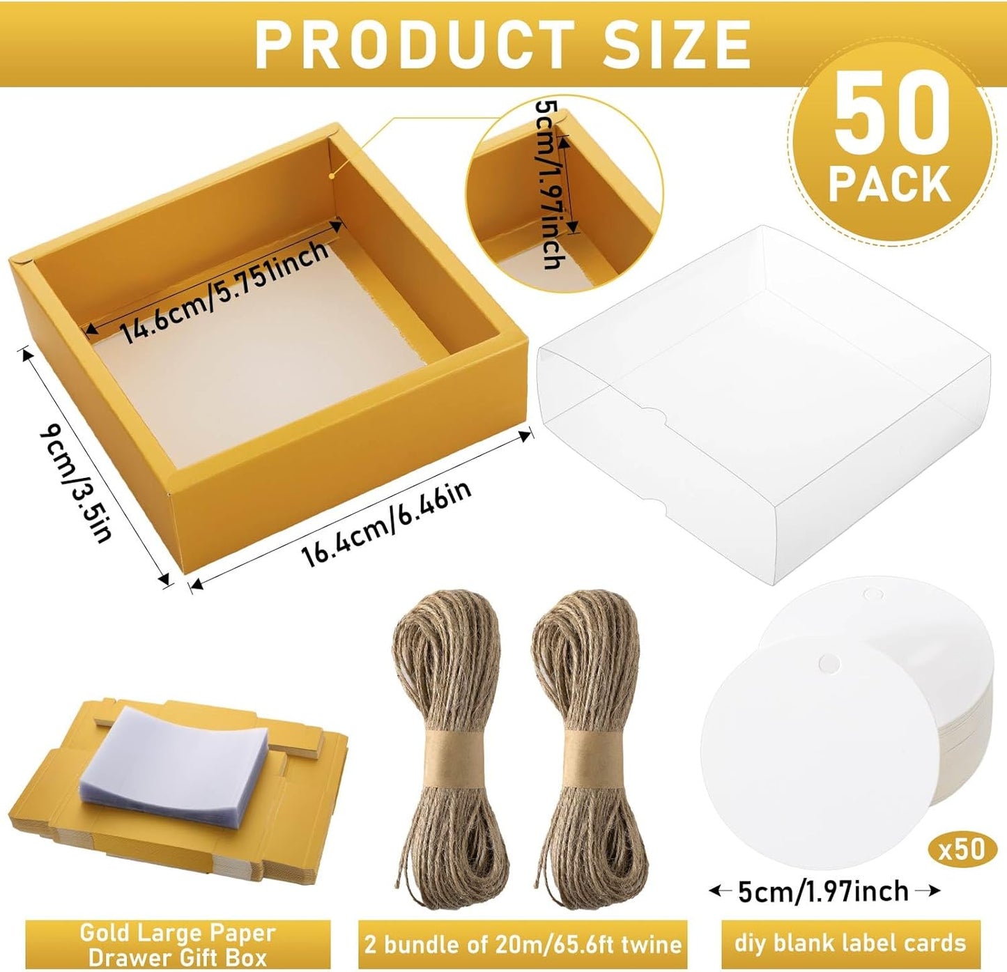 Roowest 50 Sets Kraft Soap Boxes Rectangle Packaging Box with Window Homemade Gift Box with Blank Tags and Jute String for Jewelry Candy Wrapping Party Favor(6.5 x 6.5 x 2 Inch,Gold)