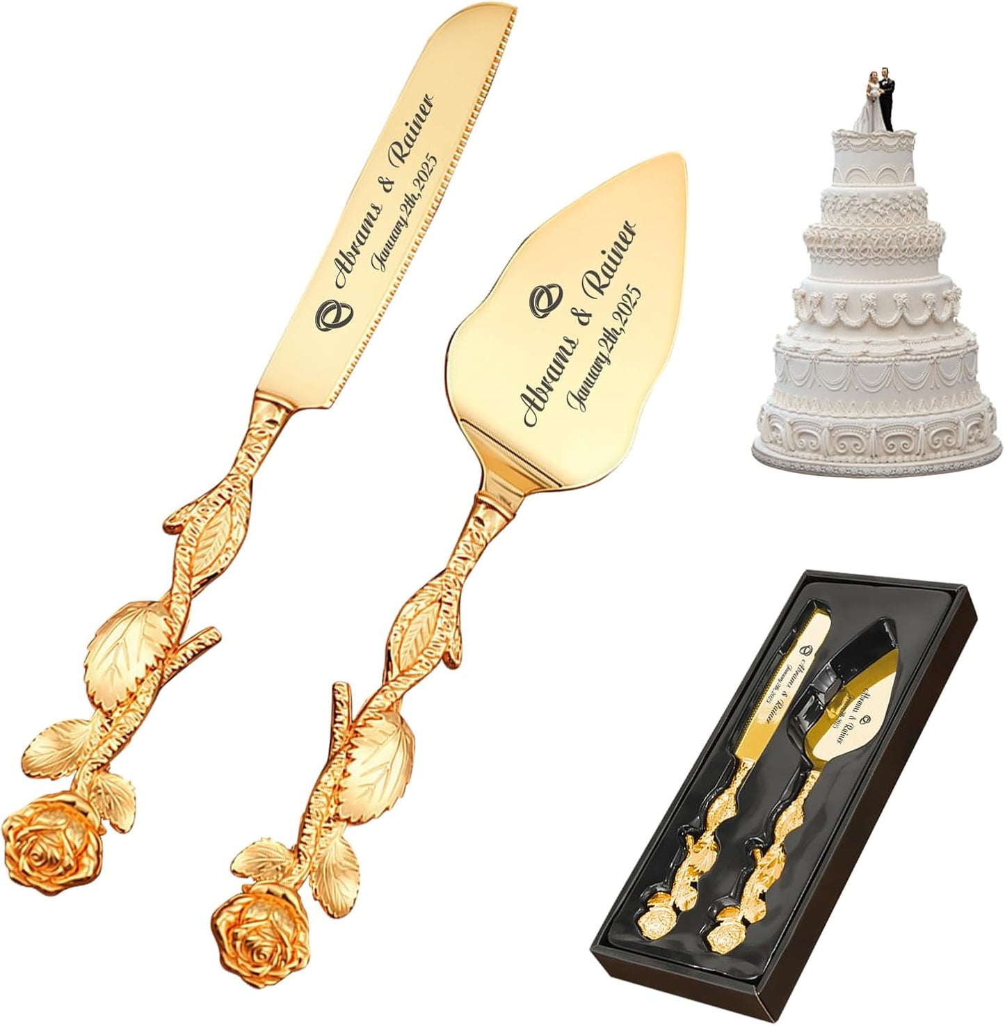 HJX Personalized Wedding Cake Knife and Server Set - Custom Name Engraved Cutting Set with Elegant Gift Box, Ideal for Bridal Wedding Anniversary Birthday Gifts (Rose handle)