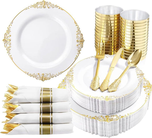 Nervure 350PCS Gold Plastic Plates - Gold Plastic Dinnerware Sets for 50 Guests - 100 Disposable Plates, 150 Silverware, 50 Cups, 50 Napkins for Wedding & Party & Thanksgiving