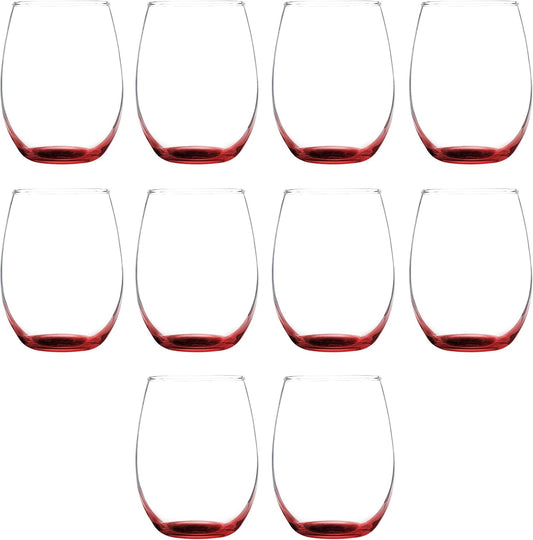 DISCOUNT PROMOS Stemless Wine Glass 9 oz. Set of 10, Bulk Pack - Great for Wedding Favors, Bachelorette Party and More - Red Bottom Color