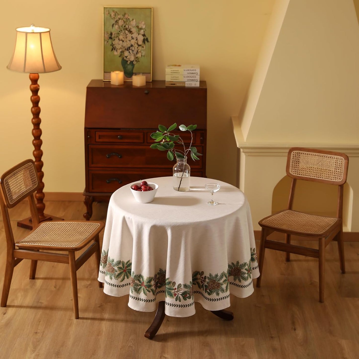ISAENNE Designer Christmas Linen Small Round Tablecloth,Light Beige Western Elegant Table Cloth,Wrinkle Resistant Decor Tablecloths for Dining Thanksgiving Kitchen Christmas,Diameter 55"-Carol G