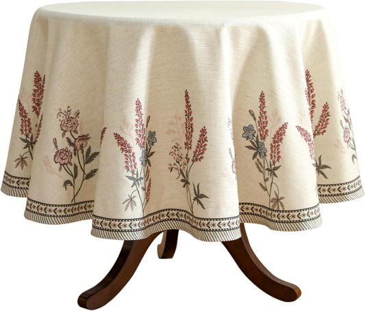 ISAENNE French Tablecloth for Round Tables,Linen Table Cloth with Colorful Flowers Pattern,Heavy Durable Table Cover for Dining Thanksgiving Kitchen Decor Party Christmas,Diameter 67"